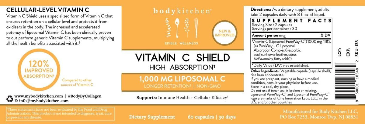 Body Kitchen Liposomal Vitamin C Shield, 1000mg PureWay-C, Alta Absorción, Cápsulas Vegetales, 60 Unidades – Image 5