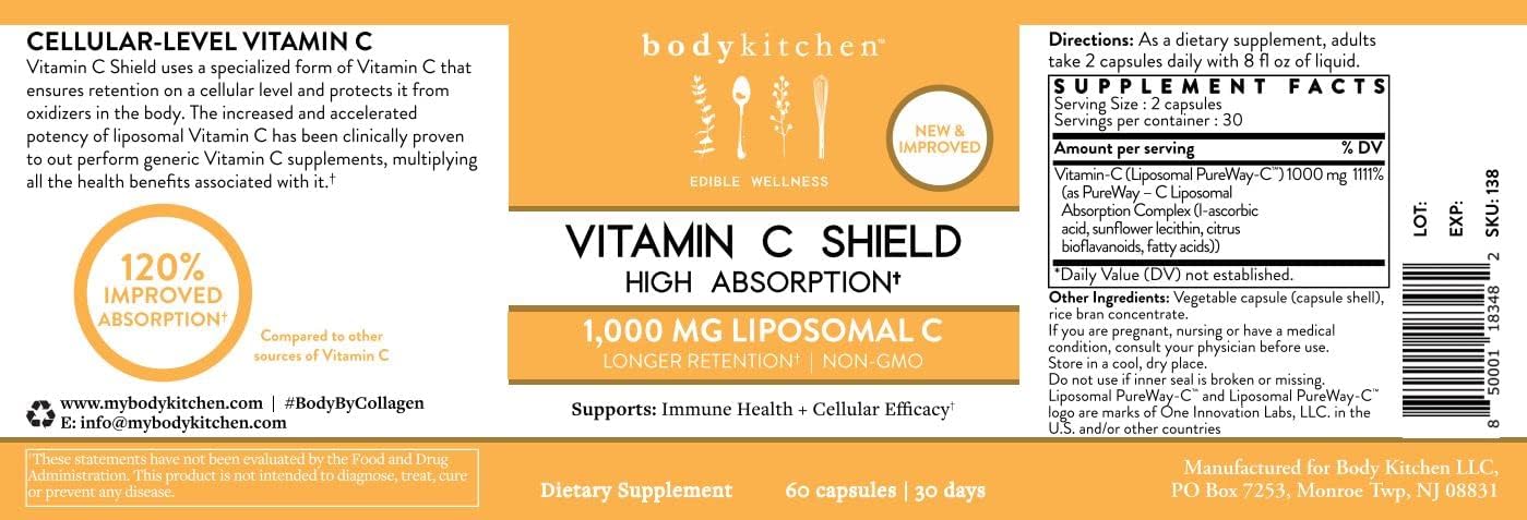 Body Kitchen Liposomal Vitamin C Shield, 1000mg PureWay-C, Alta Absorción, Cápsulas Vegetales, 60 Unidades