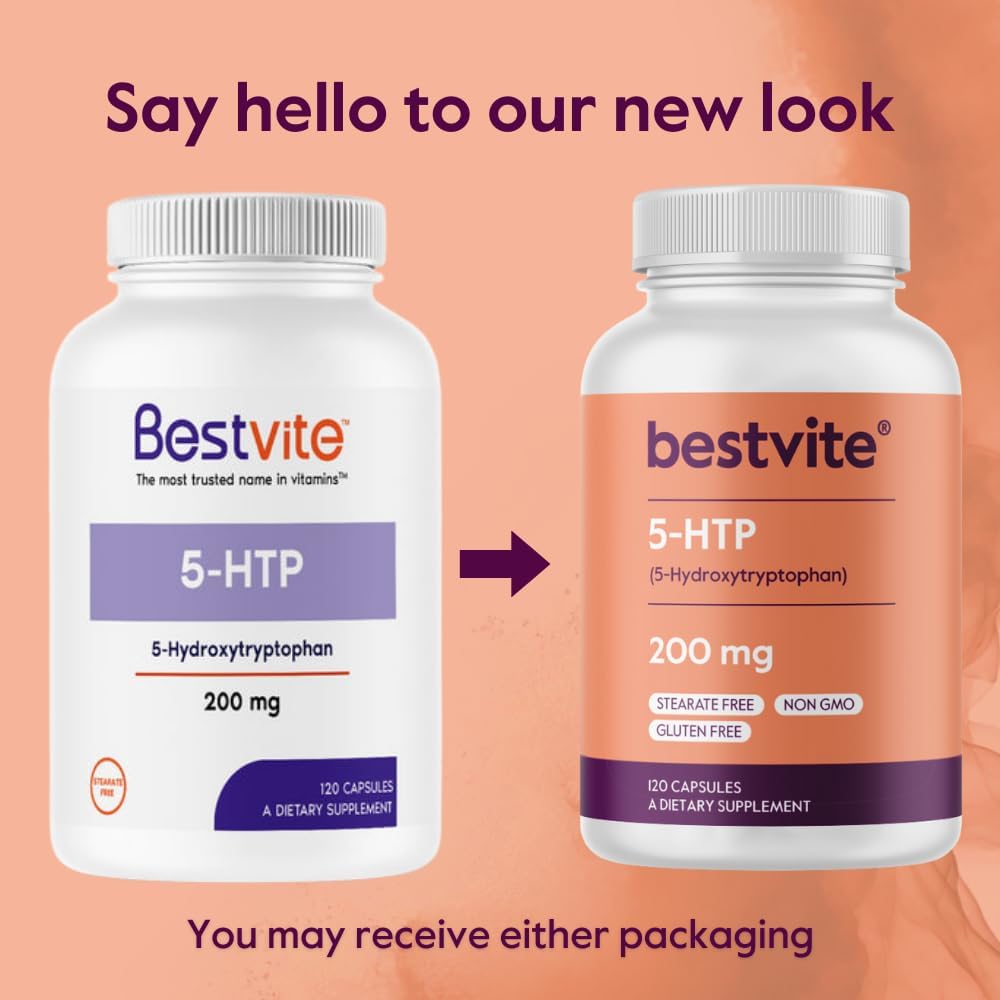 BESTVITE 5-HTP 200mg por Cápsula (240 Cápsulas) - Sin Estearatos - Sin OGM - Sin Gluten