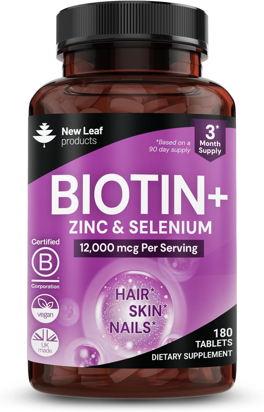 Biotina 12.000 μg para Cabello, Piel y Uñas | Alta Dosis | Vegano | 180 Comprimidos | New Leaf