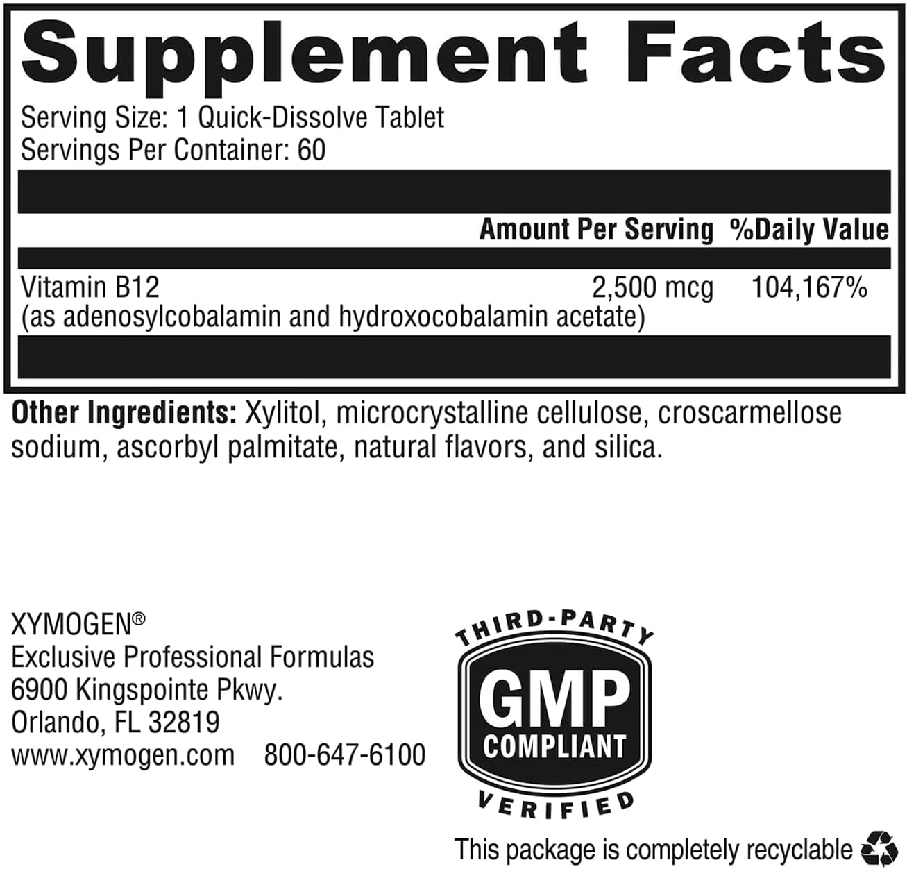 XYMOGEN Adeno+Hydroxo B12 - 2500 mcg Vitamina B12 No Metilada - Comprimidos de Disolución Rápida Sabor Punch de Frutas - 60 Comprimidos
