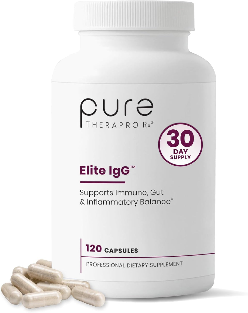 Pure Therapro Rx Elite IgG Immunoglobulin Supplement, 120 Cápsulas - Salud Intestinal y Apoyo Inmunitario, 1100 mg IgG, IgA e IgM, Lecitina de Girasol | Alternativa al Calostro, Sin Lácteos y Sin Gluten