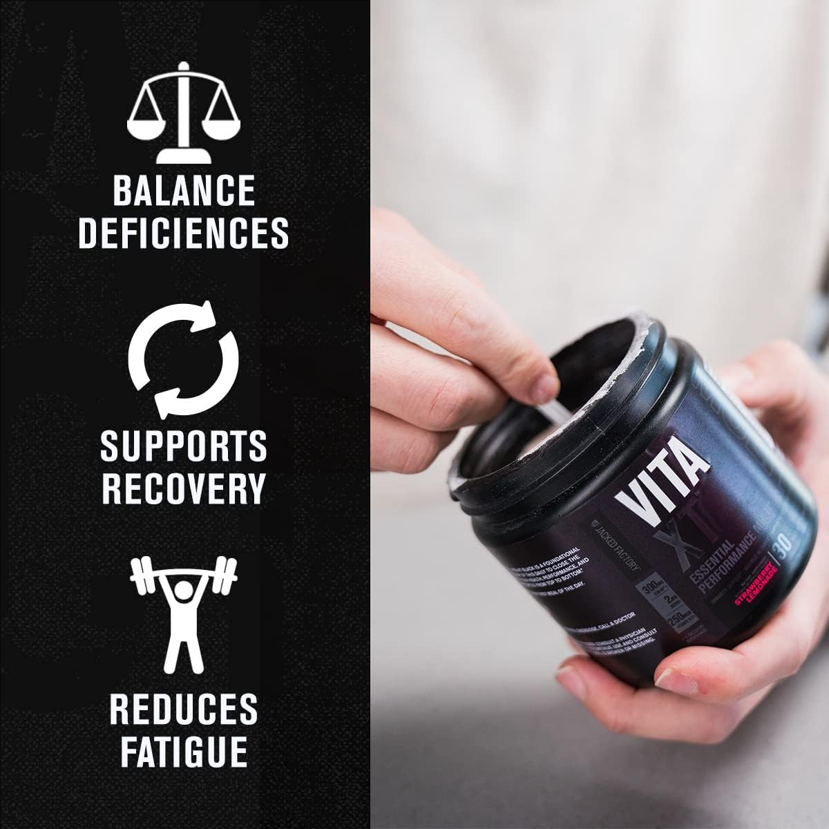 Jacked Factory Vita XT Performance Vitamin Powder - Multivitamínico en polvo para hombres con KSM-66 Ashwagandha, fibra prebiótica, vitaminas A, C, D, K, B6, B12 y más - Sabor limonada de fresa, 30 dosis