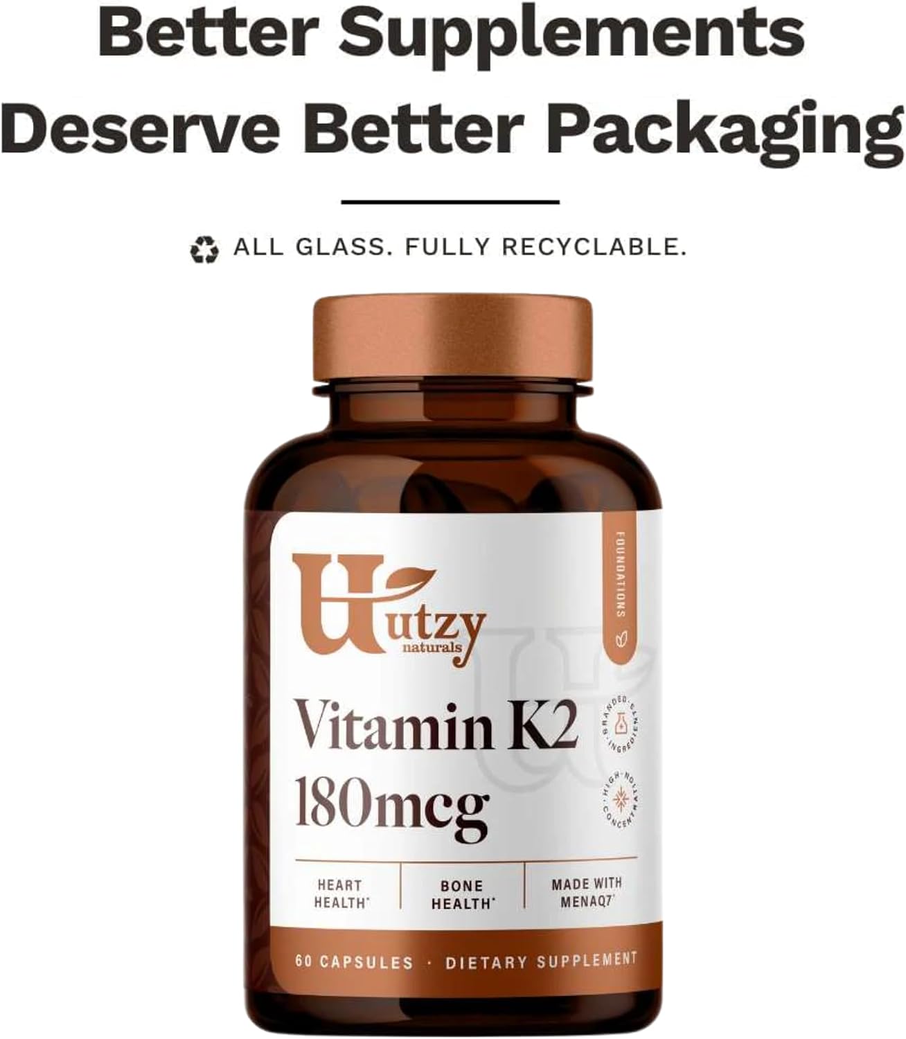 Utzy Naturals Vitamina K2 | 180 mcg de MenaQ7® | 60 Cápsulas