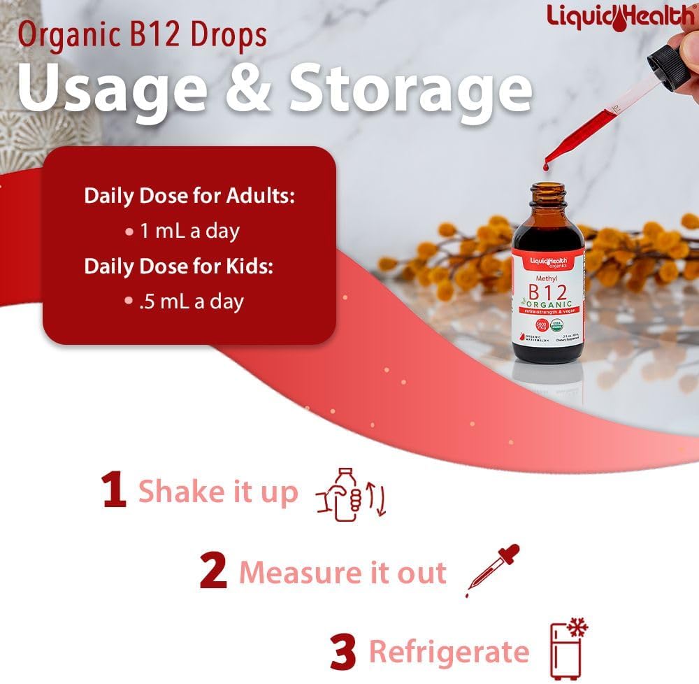 LIQUIDHEALTH Vitamina B12 Orgánica Gotas - Metilcobalamina 5000 mcg - Energía y Memoria - Vegano, Sin Gluten (60 ml)