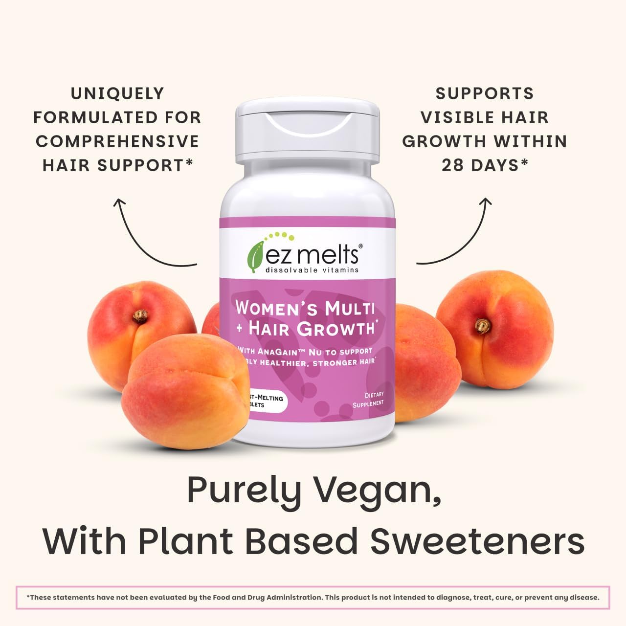 EZ Melts Women's Multi + Hair Growth - Multivitamínico Diario para Mujeres - Apoya la Energía y Reduce la Caída del Cabello - No-GMO y Vegano - Sabor Melocotón - 60 Comprimidos (30 Dosis)