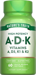 Nature's Truth Vitamin ADK, 60 Cápsulas Blandas - Alta Potencia de Vitamina A, D3, K1 y K2 - Suplemento No Transgénico y Sin Gluten