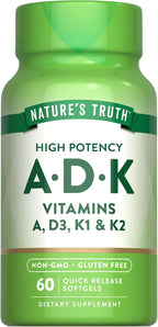 Nature's Truth Vitamin ADK, 60 Cápsulas Blandas - Alta Potencia de Vitamina A, D3, K1 y K2 - Suplemento No Transgénico y Sin Gluten
