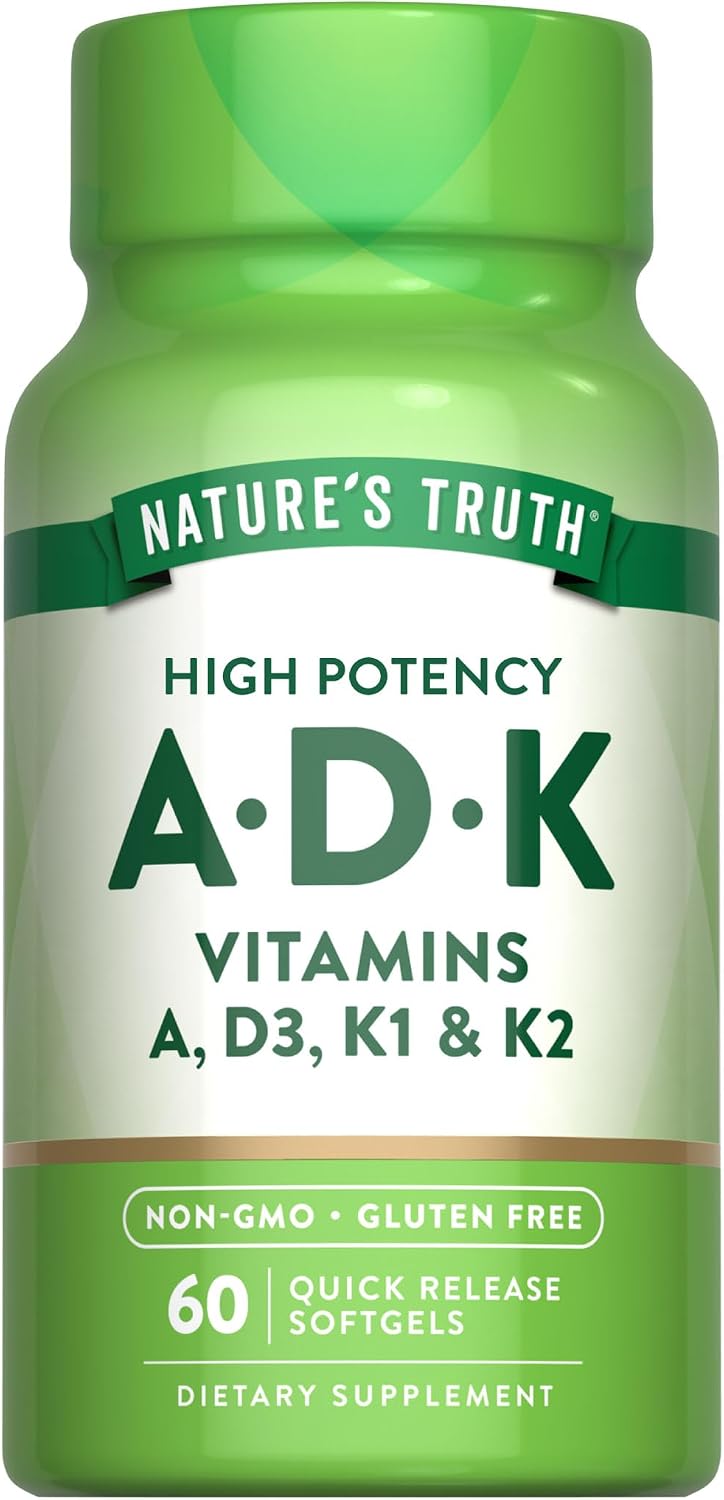 Nature's Truth Vitamin ADK, 60 Cápsulas Blandas - Alta Potencia de Vitamina A, D3, K1 y K2 - Suplemento No Transgénico y Sin Gluten