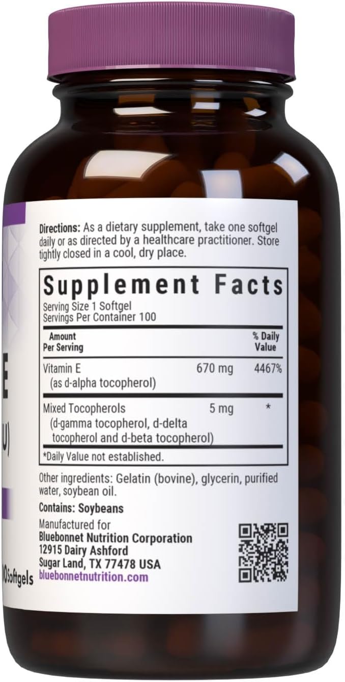 Bluebonnet Vitamina E 1000 UI con Tocoferoles Mixtos, 100 Cápsulas Blandas