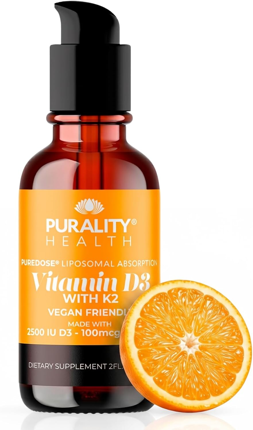 PURALITY HEALTH Vitamina D3 con K2 Líquido Vegano, Absorción Liposomal, 30 Días