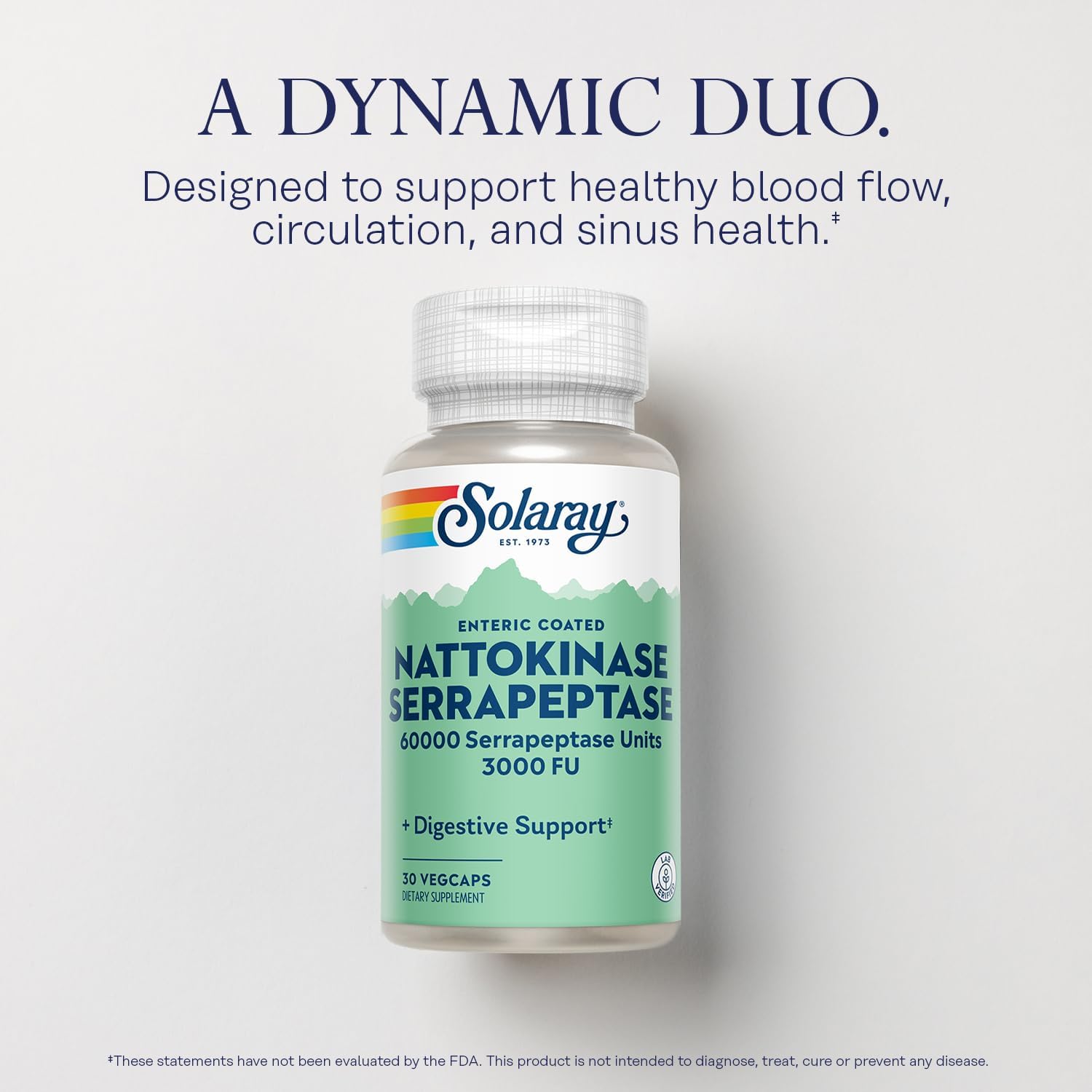 SOLARAY Nattokinase Serrapeptase - Recubrimiento Entérico - 3000 FU Nattokinasa, 30 mg Serrapeptasa - 30 Cápsulas Vegetales
