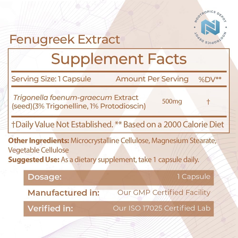 Extracto de Fenogreco de Nootropics Depot | 500 mg | 60 cápsulas | 3% Trigonelina, 1% Protodioscina