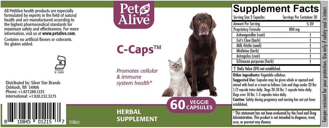 C-Caps - Suplemento Herbal Natural para Perros y Gatos - 60 Cápsulas Vegetales