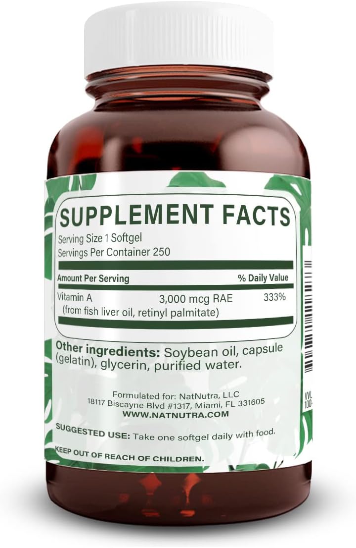 Natural Nutra Vitamina A 10.000 UI Cápsulas Blandas – 2 Envases de 250 Cápsulas