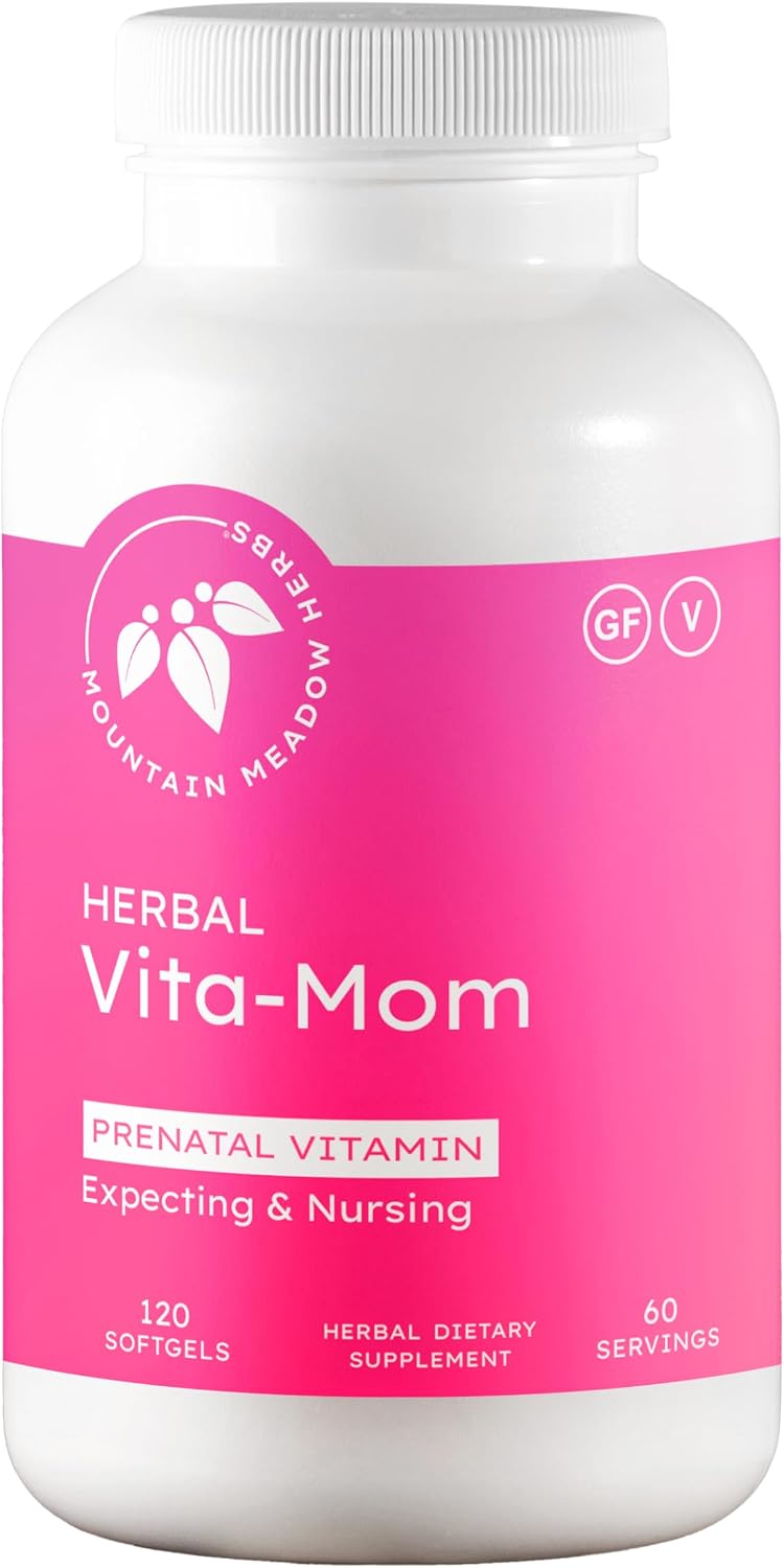 Mountain Meadow Herbal Vita-MOM Vitaminas Prenatales - Suplemento con 5-MTHF Folato, Hierro, Multivitaminas y Hierbas Orgánicas - 120 Cápsulas Blandas (2 Meses)