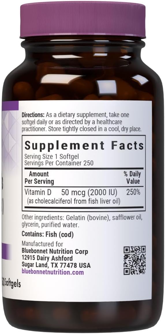 Bluebonnet Nutrition Vitamina D3 2000 IU – 250 Cápsulas Blandas