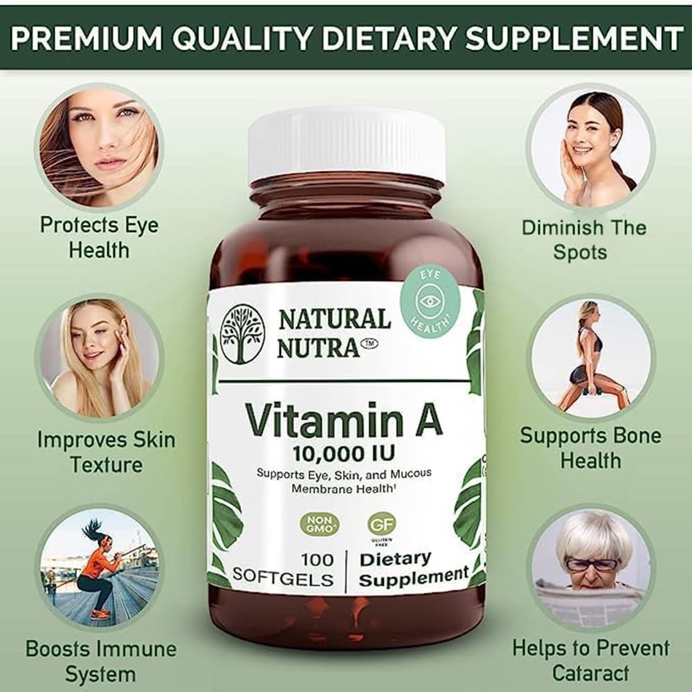 Natural Nutra Vitamina A 10,000 UI Cápsulas Blandas – Alta Potencia para la Visión y la Piel – Sin Gluten – Aceite de Hígado de Pescado para Hombres y Mujeres, 100 Cápsulas