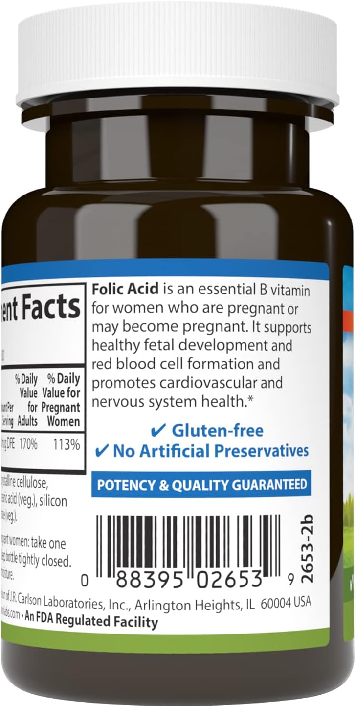 Carlson Ácido Fólico 400 mcg - Suplemento Prenatal para el Desarrollo Fetal, 300 Comprimidos