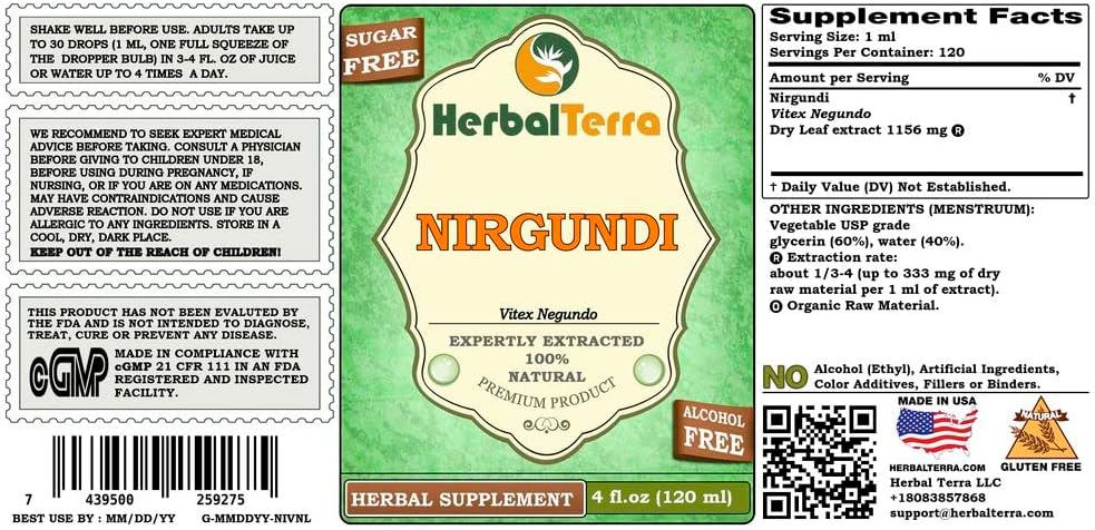 Nirgundi (Vitex Negundo) Extracto Líquido Sin Alcohol - HerbalTerra 4x120 ml