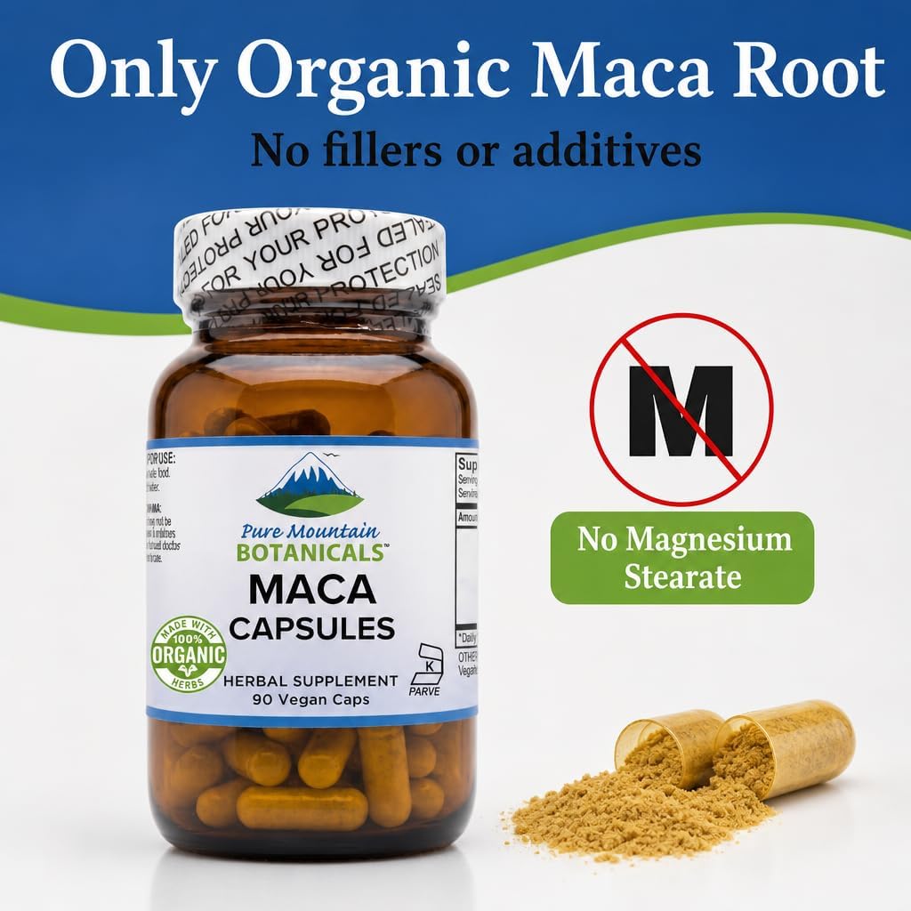 Cápsulas de Raíz de Maca Orgánica de Perú - 1000mg - Mezcla Cruda y Gelatinizada - 90 Cápsulas Veganas Kosher