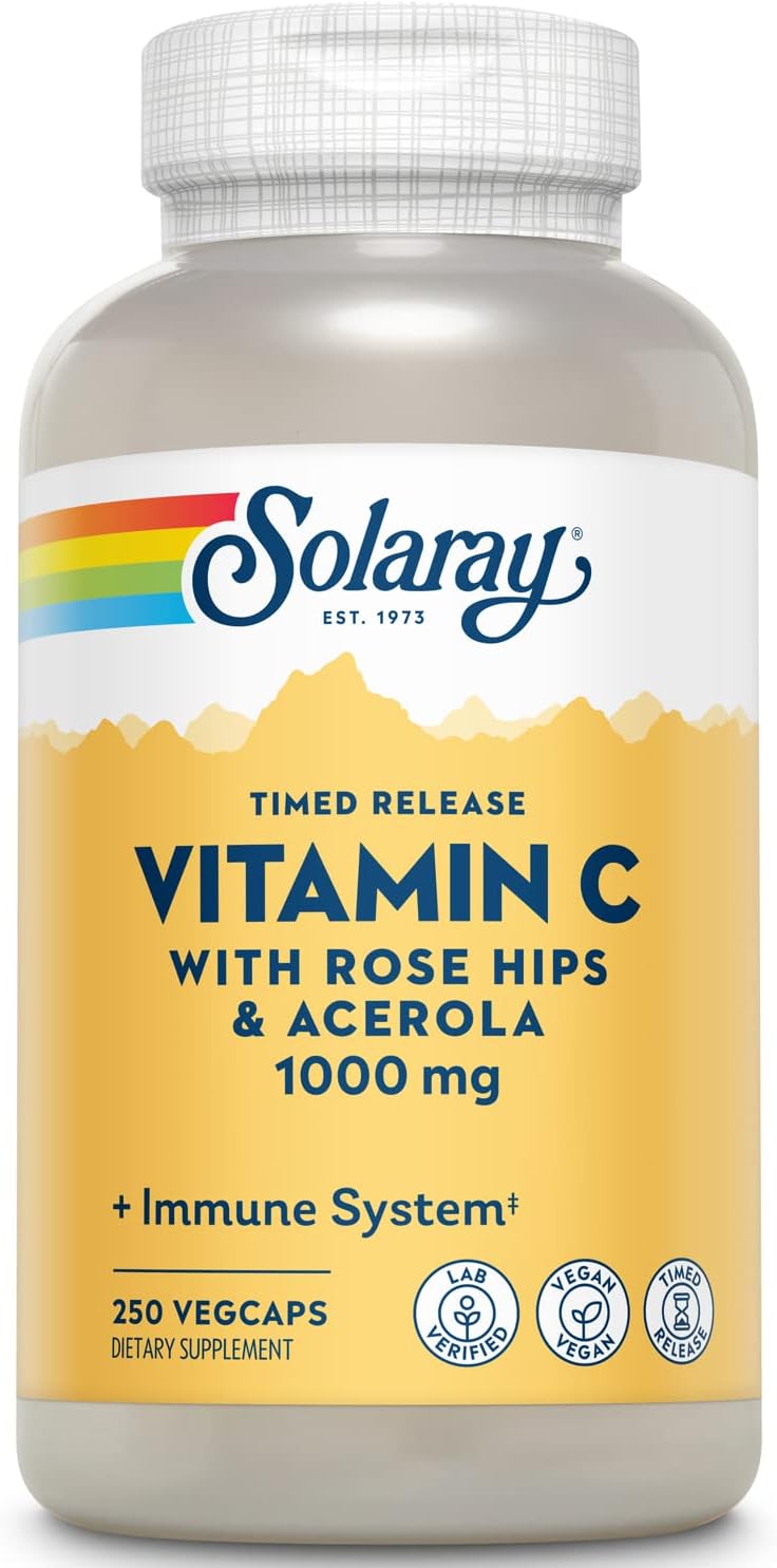 Solaray Vitamina C 1000mg - Cápsulas de Liberación Prolongada con Escaramujo y Acerola - 275 Cápsulas Veganas