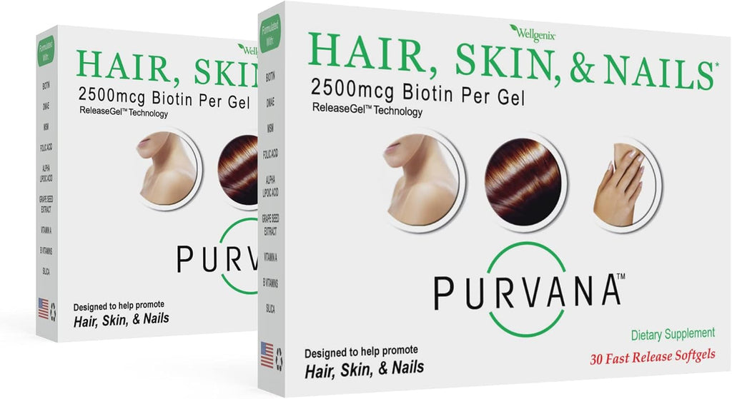 Wellgenix Purvana – Biotina 2500mcg con MSM y Complejo B – 60 Cápsulas Blandas (2 Envases)