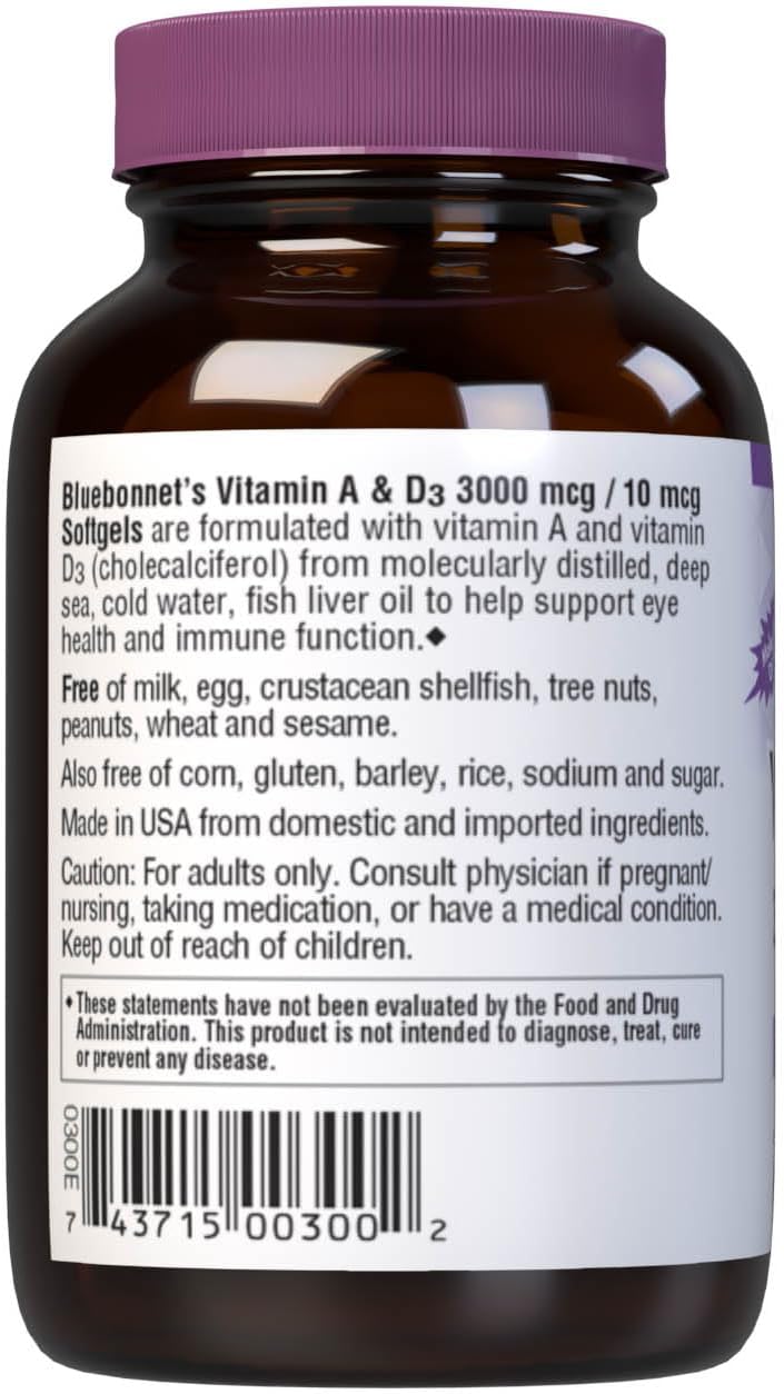 Bluebonnet Nutrition Vitamina A y D3 10.000 UI/400 UI - 100 Cápsulas Blandas