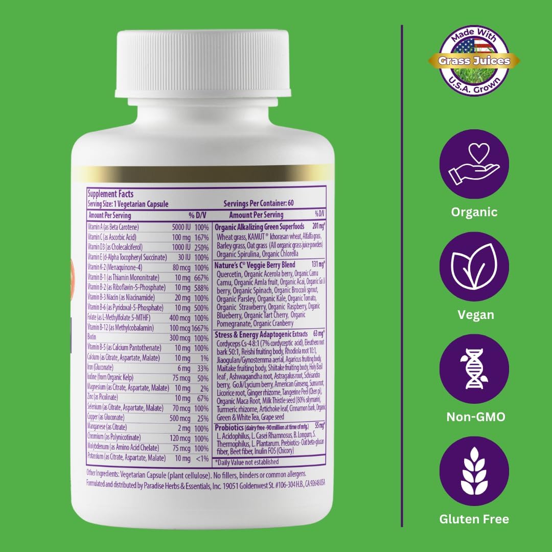 Paradise Herbs Earth's Blend Daily Multivitamin Iron-Free - 48 Organic Superfoods, Probiotics, and Vitamins A, B12, C, D, K2 - 60 Capsules