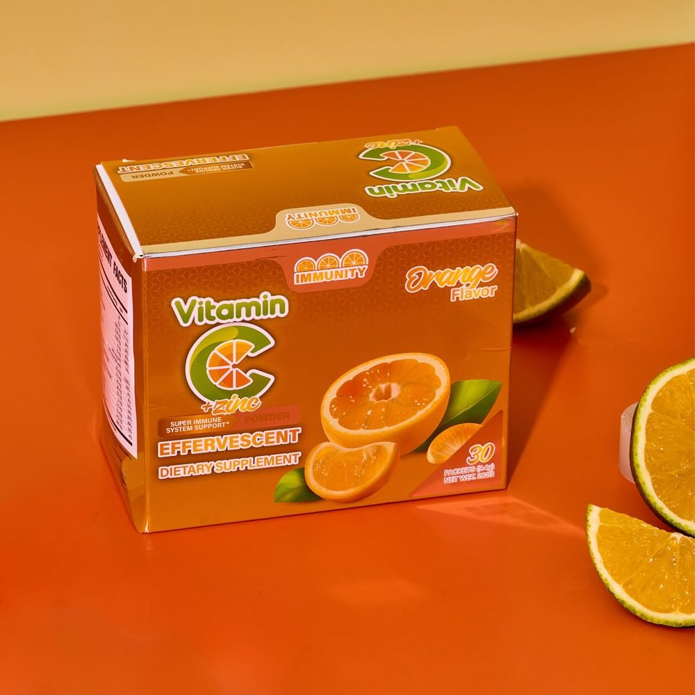 Vitamina C + Zinc Polvo Efervescente Sabor Naranja – 30 Sobres – Complemento Alimenticio para el Sistema Inmunitario