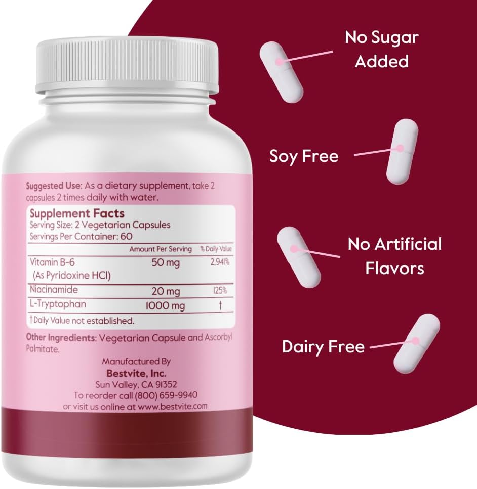 BESTVITE Ultra L-Triptófano 500mg con B3 y B6 - 120 Cápsulas Vegetales