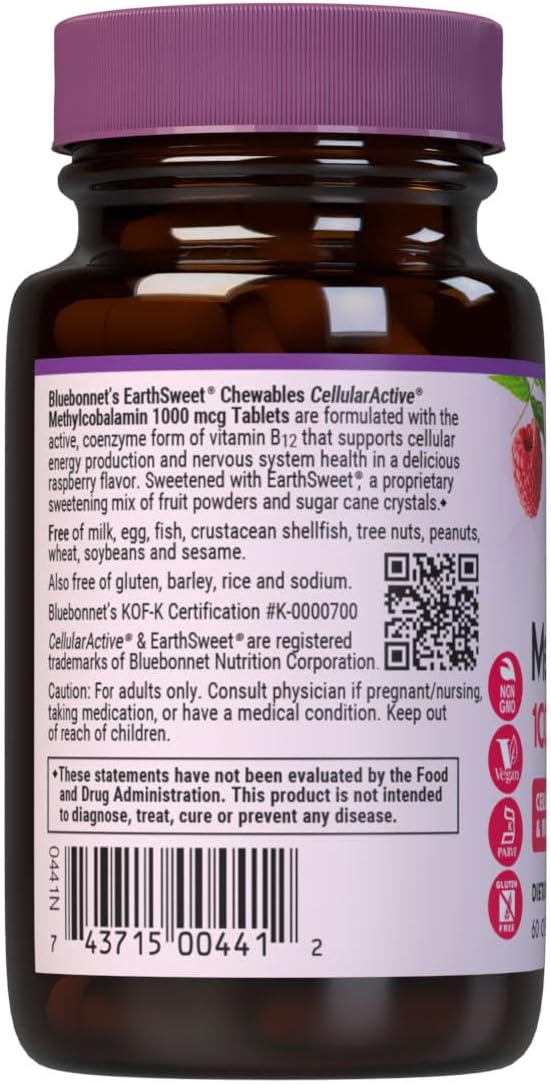 Bluebonnet EarthSweet Methylcobalamin 1000 mcg - 60 Comprimidos masticables sabor frambuesa