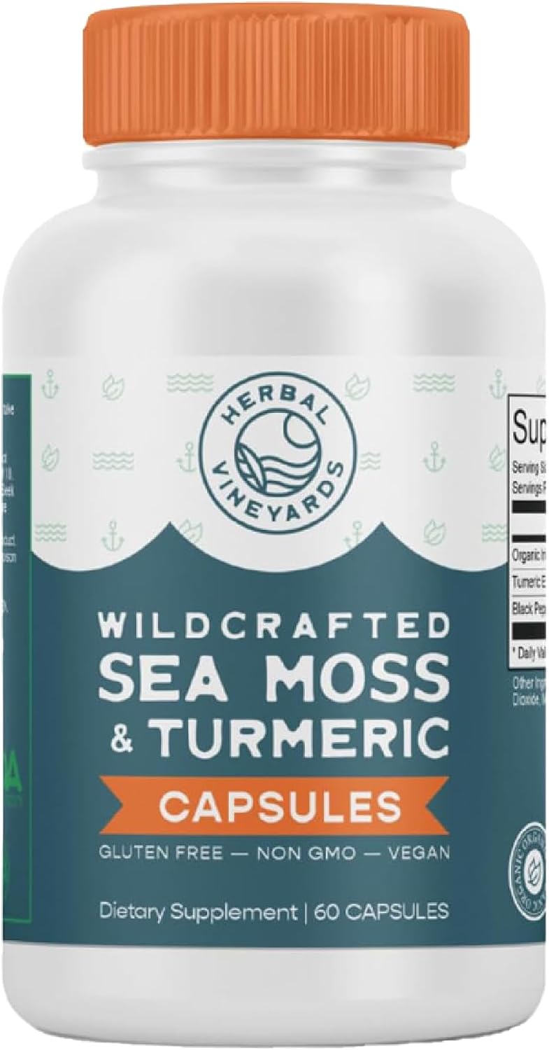 Herbal Vineyards Musgo Marino Orgánico Silvestre con Vejiga de Mar y Raíz de Bardana - 60 Cápsulas (1500mg)