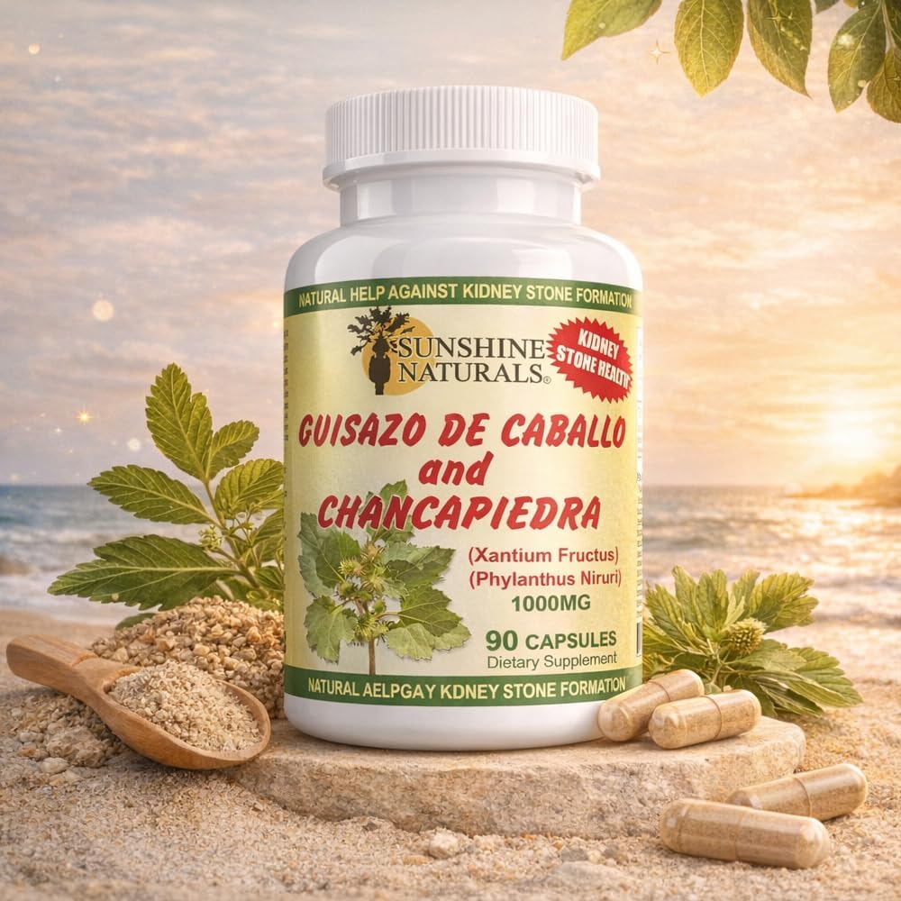 Sunshine Naturals Chanca Piedra con Guisazo de Caballo, Hierba Rompepiedras Tradicional, Suplemento para el Apoyo Renal y del Tracto Urinario, 1000 mg Mezcla Propietaria, 90 Cápsulas. Paquete de 5