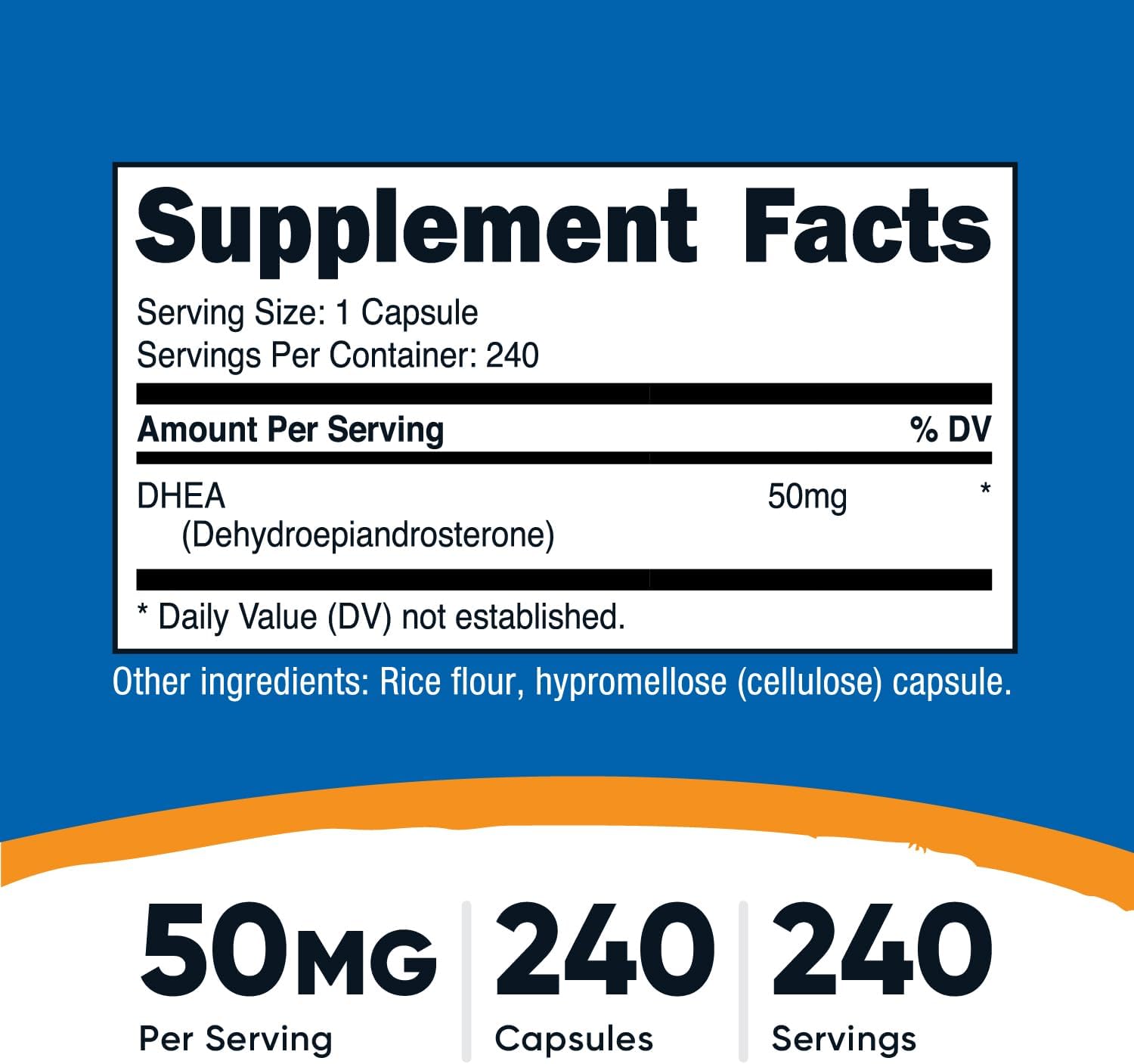 Nutricost DHEA 50mg, 240 Cápsulas - Sin Gluten, Sin Soja, No GMO