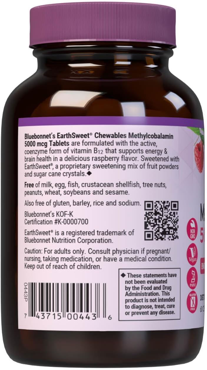 Bluebonnet Nutrition EarthSweet Methylcobalamin 5000 mcg - Vitamina B12 Activa - 60 Comprimidos Masticables Sabor Frambuesa