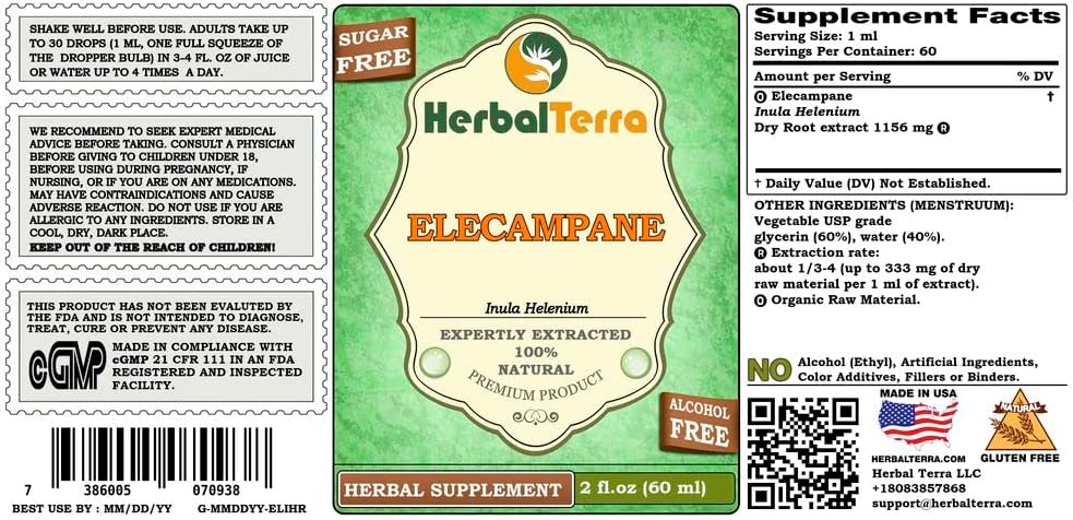 Elecampane (Inula helenium) Glicerita - Extracto Líquido Sin Alcohol de Raíz Seca 60 ml