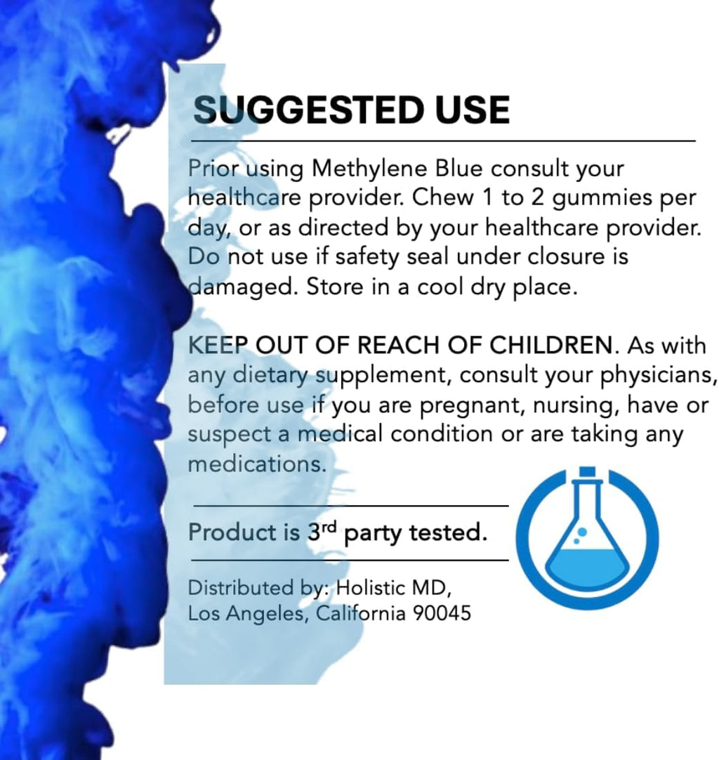 Azul de Metileno para Humanos Grado Farmacéutico USP - 7mg y 14mg - Gominolas Veganas Sin Azúcar Sabor Bayas - 60 Unidades