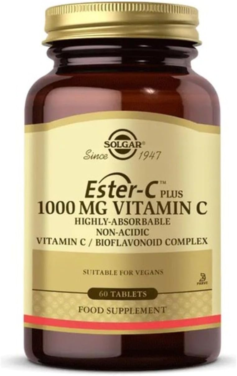 Solgar Ester-C Plus 1000 mg Vitamina C (Complejo de ascorbato), 60 tabletas - Suave para el estómago y no ácida - Apoyo antioxidante e inmunitario - No transgénico, vegano, sin gluten, kosher