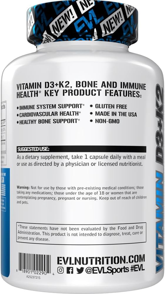 Evlution Nutrition Vitamina D3 K2 - 5000 UI D3 con 90 mcg K2 MK-7 por dosis - 60 Cápsulas Vegetales