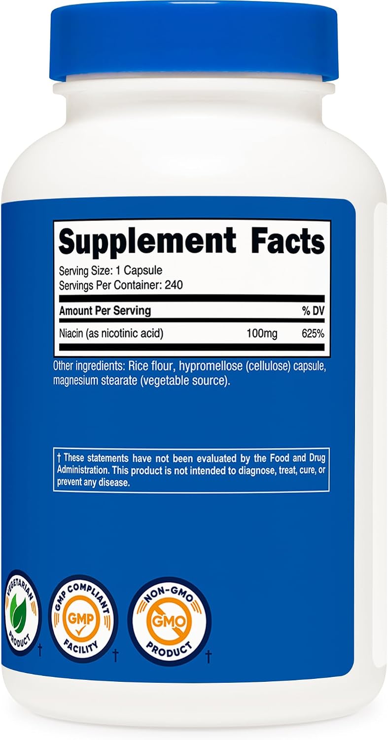 Nutricost Niacina (Vitamina B3) 100mg, 240 Cápsulas - Con Enrojecimiento