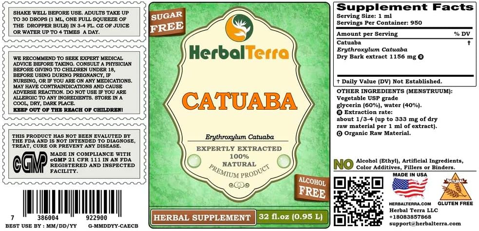 Catuaba (Erythroxylum Catuaba) Glycerite, Extracto Líquido Sin Alcohol, Corteza Seca - 946 ml (32 fl oz)