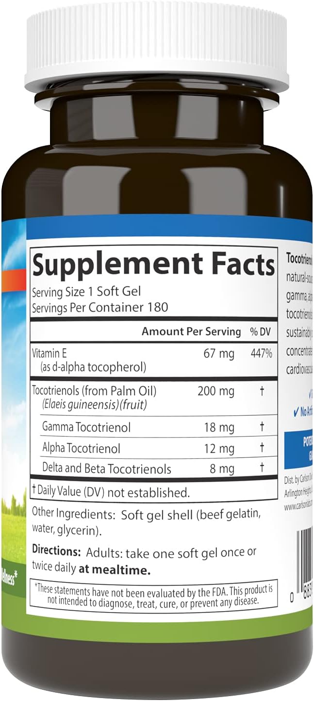 Carlson - Tocotrienoles, 40 mg, con vitamina E de fuente natural, gamma, alfa, delta, beta, de origen sostenible, 180 cápsulas blandas