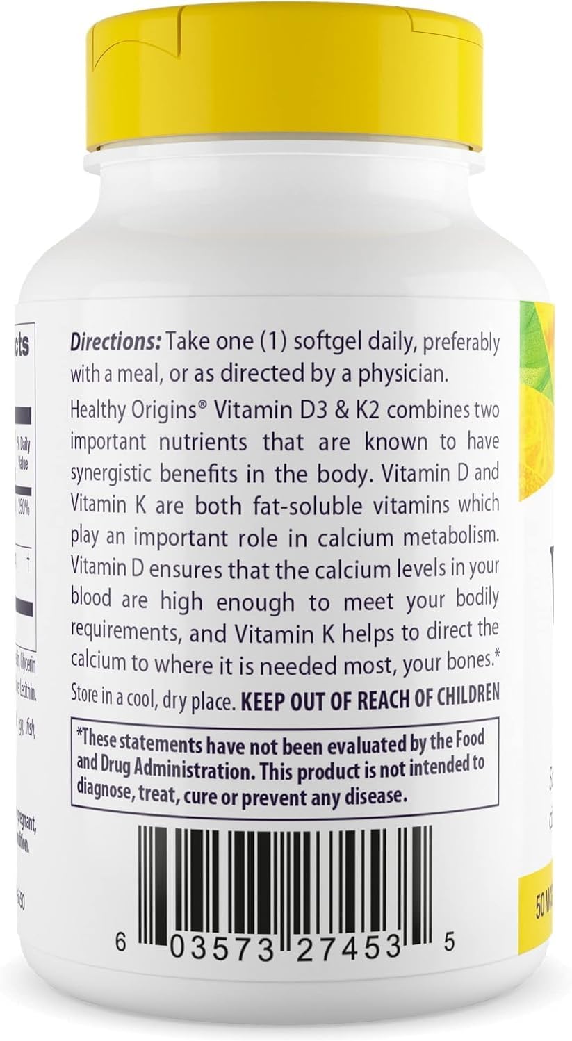 Healthy Origins Vitamina D3 2.000 UI (50 mcg) y Vitamina K2 200 mcg (MK-7), 180 Cápsulas Blandas