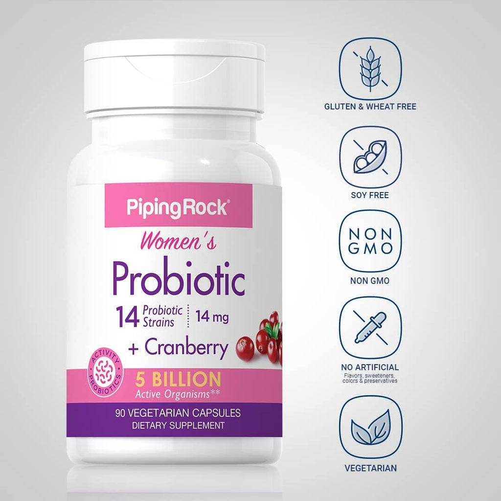 Piping Rock Probiótico para Mujeres con Arándano Rojo | 5 Mil Millones UFC | 90 Cápsulas | 14 Cepas | Suplemento Vegetariano, Sin OGM, Sin Gluten