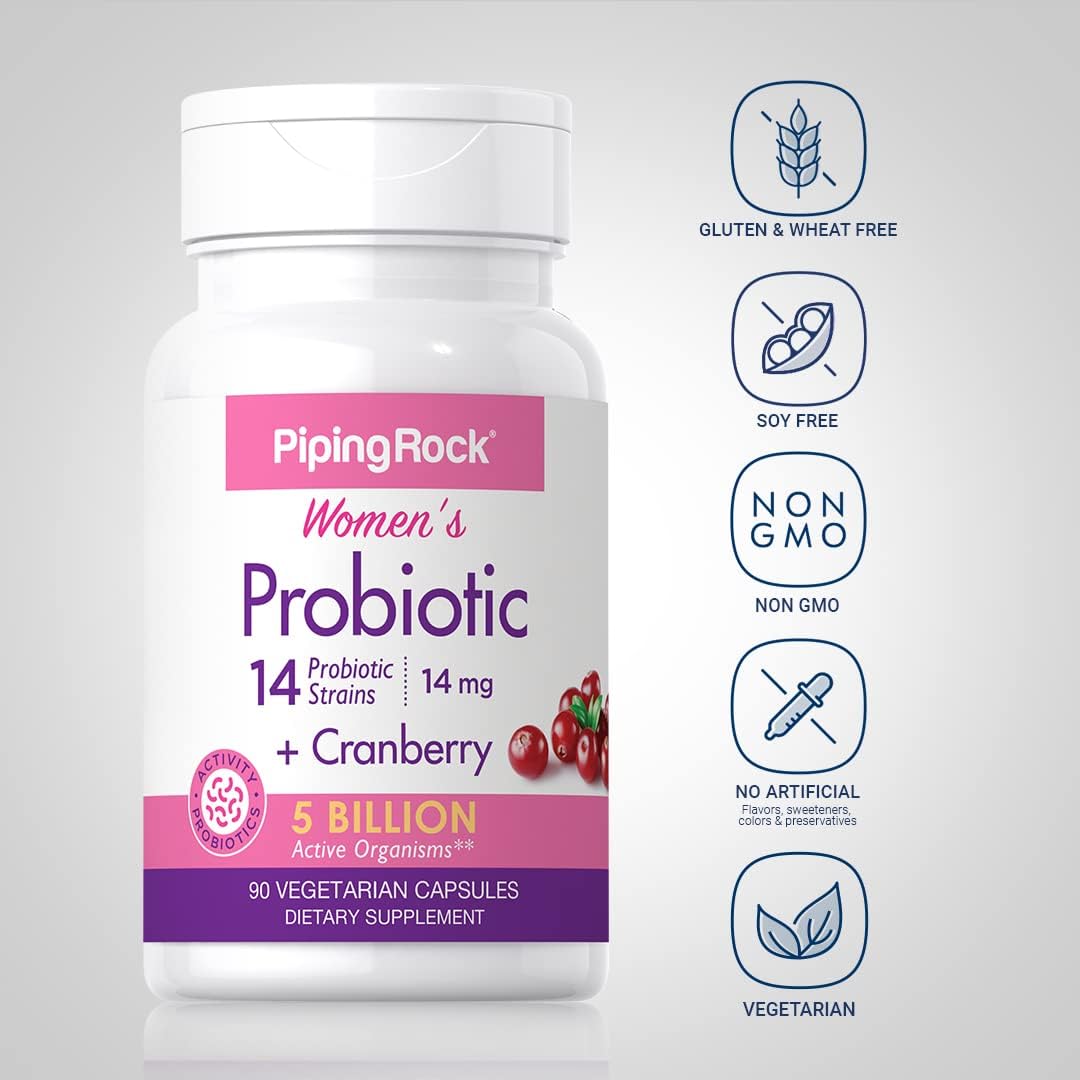 Piping Rock Probiótico para Mujeres con Arándano Rojo | 5 Mil Millones UFC | 90 Cápsulas | 14 Cepas | Suplemento Vegetariano, Sin OGM, Sin Gluten