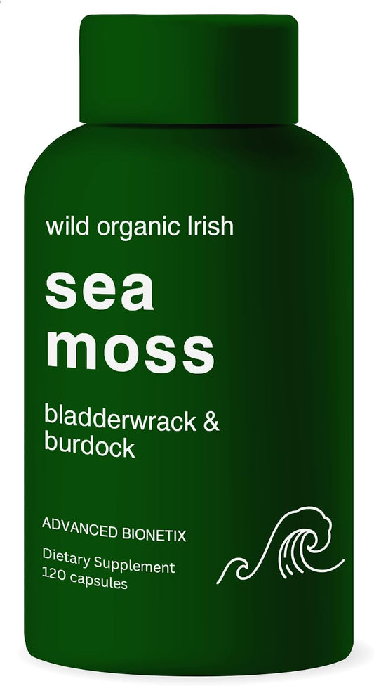 Advanced Bionetix Cápsulas de Musgo Marino Orgánico Irish Sea Moss con Bladderwrack y Bardana (120 Cápsulas)
