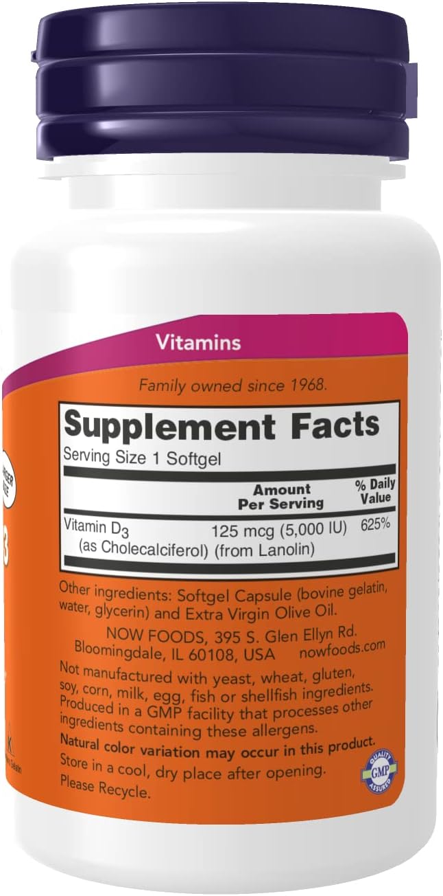 NOW Foods Vitamina D-3 5000 IU, 240 Cápsulas Blandas (Pack de 3)