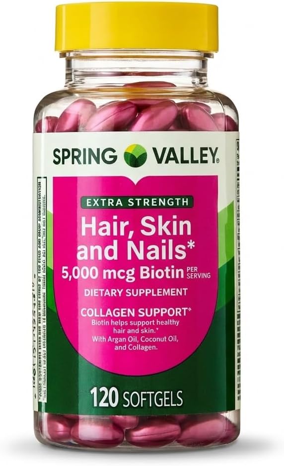 Spring Valley Extra Strength Biotina 5000 mcg - 120 Cápsulas Blandas para Cabello, Piel y Uñas