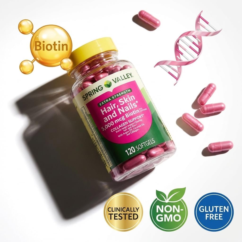 Spring Valley Extra Strength Biotina 5000 mcg - 120 Cápsulas Blandas para Cabello, Piel y Uñas